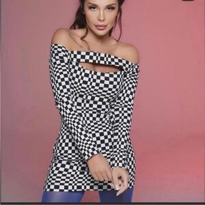 Zara Black & White Checkered Small Cutout Front Long Sleeves Mini Dress NWT S